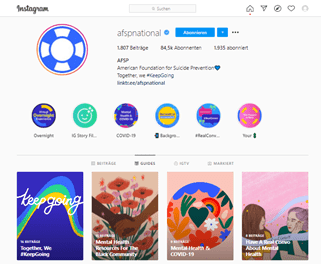 Screenshot vom Instagram-Profil von AFSP, das die neuen Guides enthält
