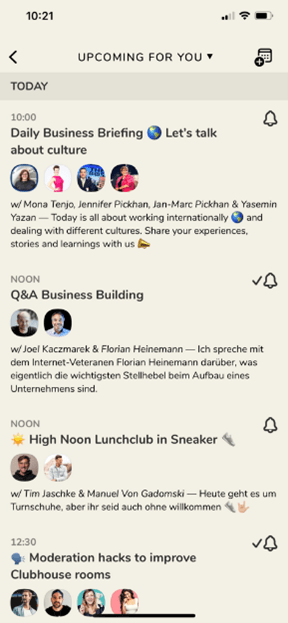 Screenshot vom Clubhouse Zeitplan