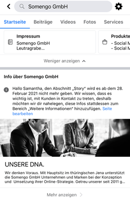 Benachrichtigung von Facebook auf der eigenen Page, dass der "Our Story"-Bereich abgeschafft wird