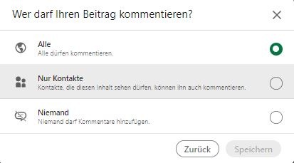 Screenshot der Auswahlmöglichkeiten bei der Einschränkung von Kommentaren