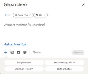 Screenshot vom Fenster bei LinkedIn, in dem man einen Beitrag erstellen kann