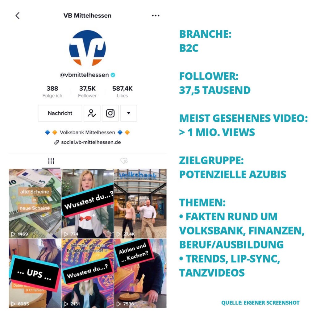 Screenshot des TikTok Kanals der Volksbank Mittelhessen + Fakten