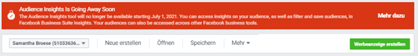 Screenshot der Mitteilung von Facebook, dass Audience Insights eingestellt werden