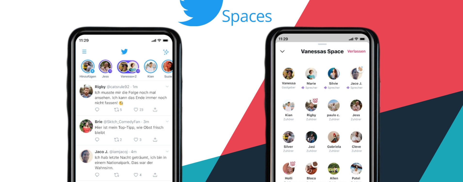 Screenshots der Twitter Spaces vor buntem Hintergrund