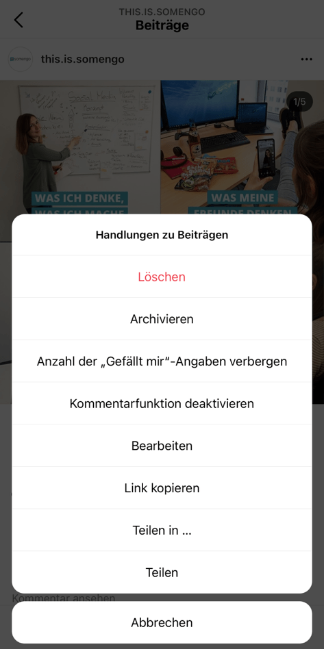 Screenshot von der Option, bei einem einzelnen Beitrag die Like-Anzeige zu verbergen