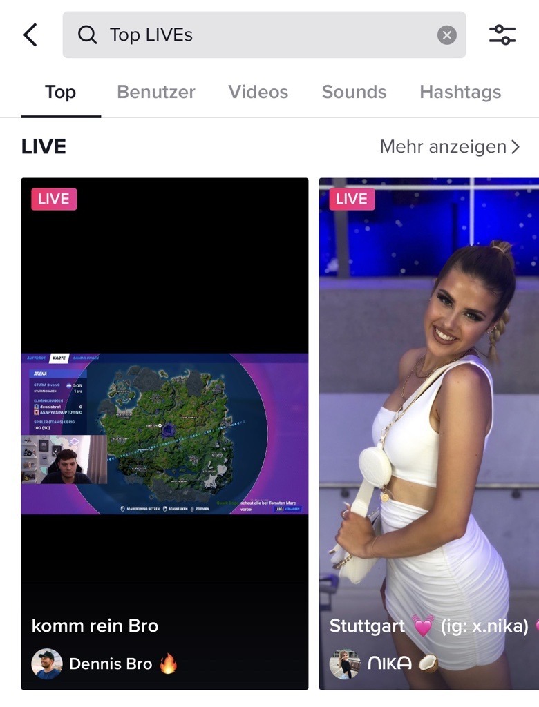 Screenshot der Top Live Videos