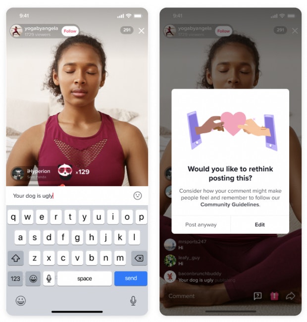 Screenshot einer Warnung in TikTok Live, wenn man einen unangemessenen Kommentar posten will