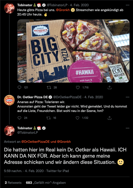 Screenshot einer Antwort von Dr Oetker Pizza auf einen Tweet