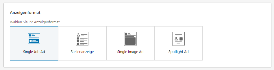 Auswahlmöglichkeiten beim Anzeigenformat von LinkedIn Ads