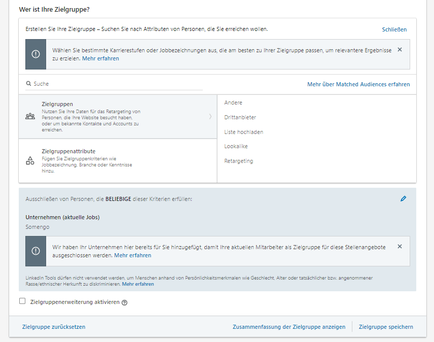 Erstellen der Zielgruppe in LinkedIn Ads