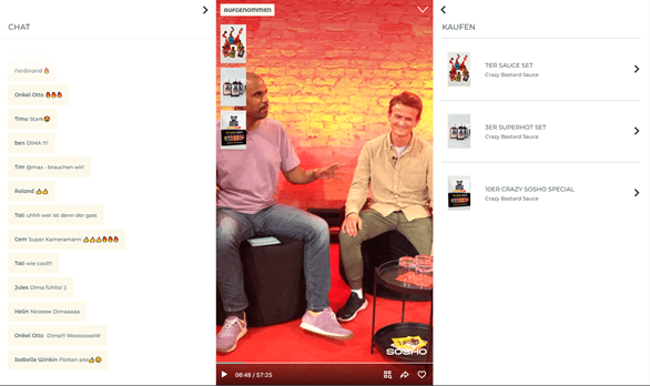 Screenshot der ersten Live-Shopping-Show auf sosho