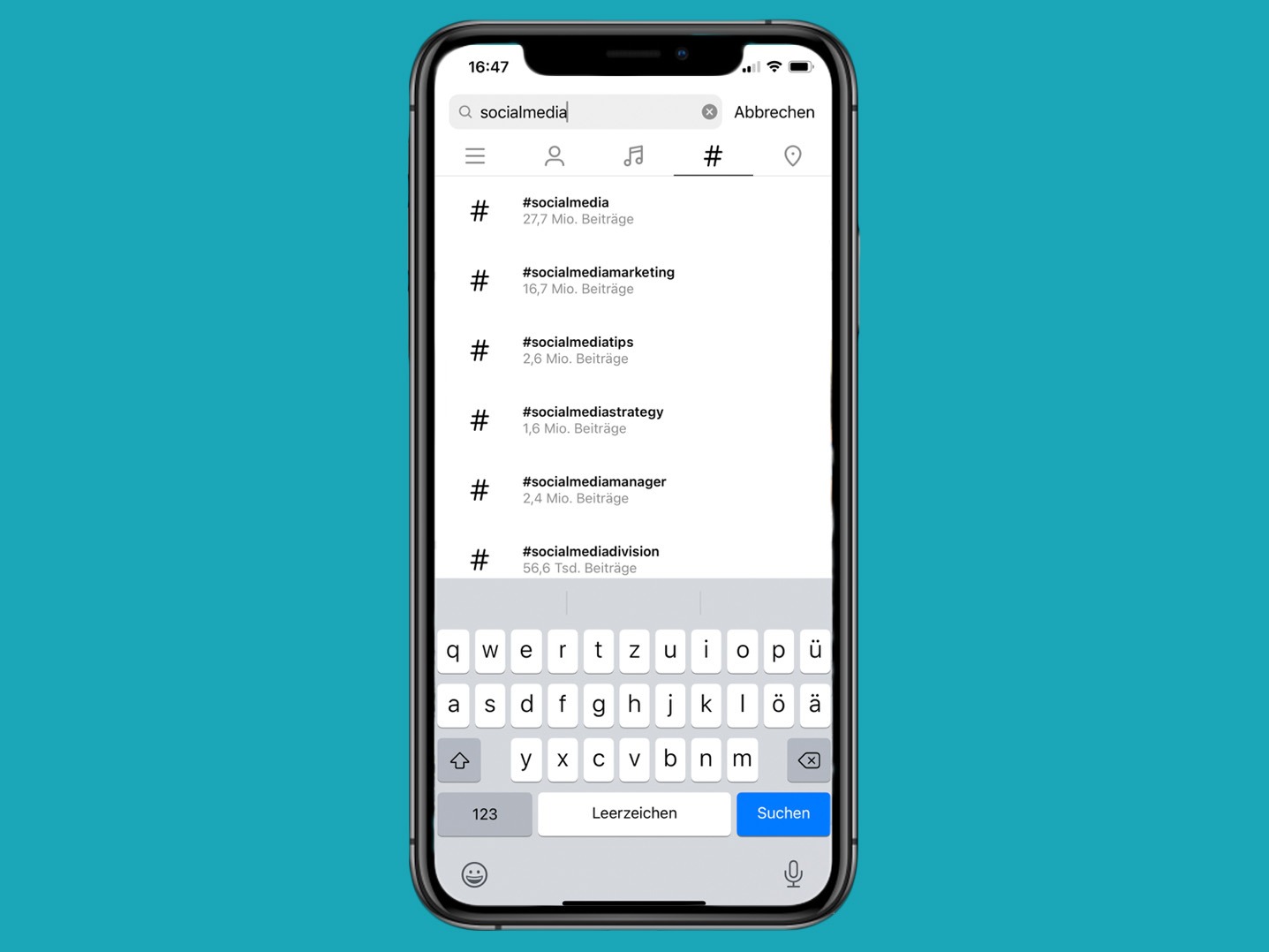Screenshot der Instagram Hashtag Suche
