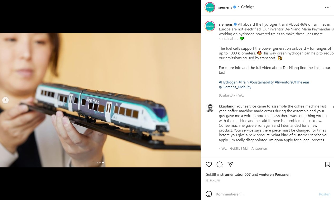 Instagram Post von Siemens, auf dem eine Frau mit dunklen Haaren eine Modelleisenbahn in den Händen hält und ansieht