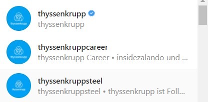 Instagram Suchleiste mit Suchergebnissen für thyssenkrupp